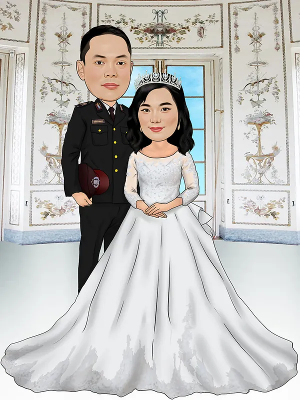 Karikatur pengantin pria berseragam dinas hitam memegang topi pet merah bersama pengantin perempuan bergaun putih bermahkota, berdiri di ruangan berdinding ornamen bunga bergaya istana lama