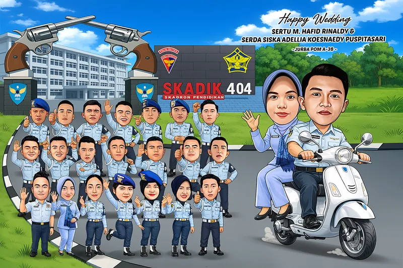 Karikatur pengantin perempuan berhijab dan pengantin pria berseragam biru muda TNI AU berboncengan di atas vespa putih, dengan sekitar dua puluh dua rekan satu skadron berbaris di depan gerbang berbentuk dua pistol bersilang