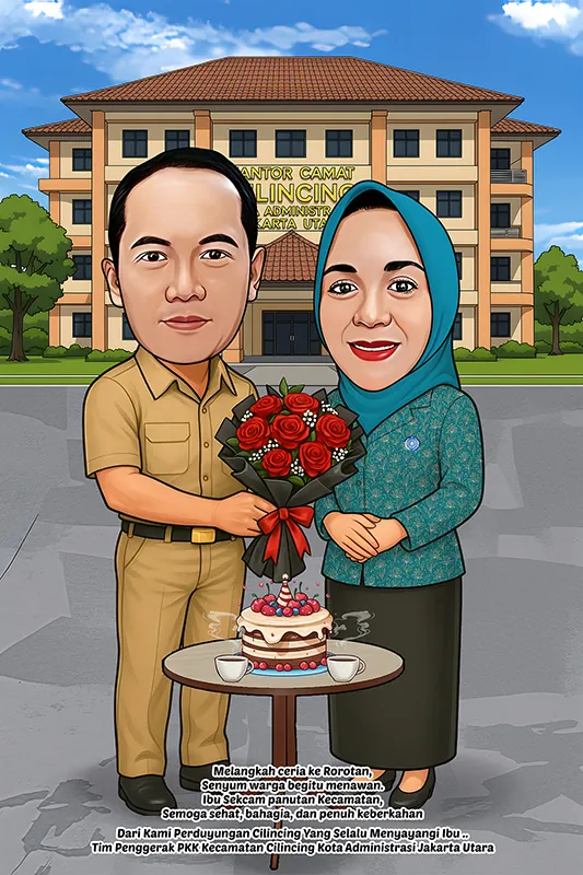Karikatur seorang pria berseragam dinas cokelat menyerahkan buket mawar merah kepada seorang perempuan berhijab biru, dengan kue ulang tahun berhias buah di meja bundar dan gedung kantor kecamatan di belakang