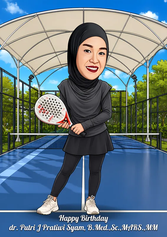 Karikatur seorang wanita berhijab hitam mengenakan pakaian olahraga serba hitam dan sepatu putih, berdiri sambil memegang raket padel dengan kedua tangan. Latar belakang berupa lapangan padel berwarna biru dengan pagar, pepohonan, dan atap kanopi. Di bagian bawah terdapat ucapan Happy Birthday untuk dr. Putri J Pratiwi Syam.