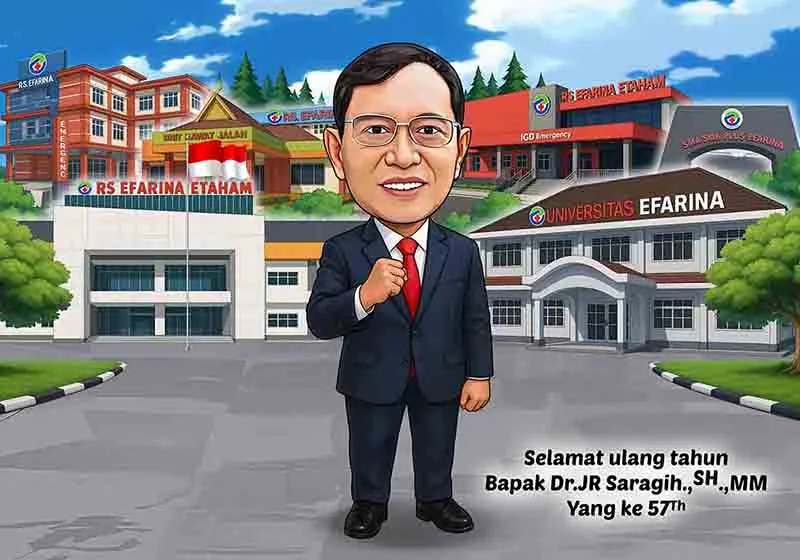 Karikatur pria berjas biru tua dan berdasi merah berdiri mengepalkan tangan di depan kompleks bangunan kampus dan rumah sakit dengan papan nama besar universitas dan rumah sakit yang sama, serta bendera merah putih berkibar di sela gedung.
