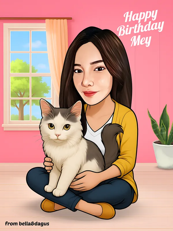Karikatur seorang wanita berambut panjang sedang duduk bersila sambil memeluk seekor kucing putih abu-abu berukuran besar. Wanita mengenakan cardigan kuning, atasan putih, celana panjang gelap, dan sepatu datar. Latar berupa ruangan bernuansa merah muda dengan jendela, tirai, tanaman hias, serta tulisan Happy Birthday Mey di bagian kanan atas.