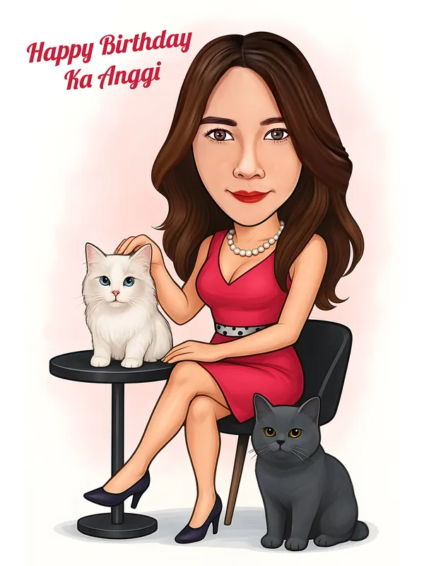 Karikatur seorang wanita berambut panjang mengenakan gaun merah sedang duduk di kursi bersama dua ekor kucing, satu kucing putih berada di atas meja kecil dan satu kucing abu-abu duduk di sampingnya. Di bagian atas terdapat tulisan Happy Birthday Ka Anggi.