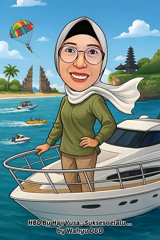 Karikatur perempuan berhijab putih dan berkacamata bertolak pinggang di geladak kapal pesiar putih, syal hijab melambai tertiup angin, dengan latar gapura candi bentar khas Bali, pura di atas bukit, serta parasut terbang dan perahu banana boat di lautan biru.
