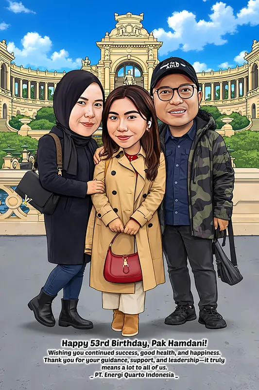 Karikatur tiga orang berbusana mantel musim dingin berdiri berdampingan di pelataran gedung istana bergaya klasik Eropa dengan tangga melengkung dan tiang pancang di belakangnya