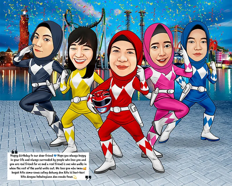 Karikatur lima perempuan berhijab mengenakan kostum ranger warna navy, kuning, merah, merah muda, dan biru lengkap dengan sabuk putih, satu di antaranya memegang helm bermotif macan, berpose siaga bersama dengan latar taman hiburan bercahaya dan roller coaster di kejauhan.