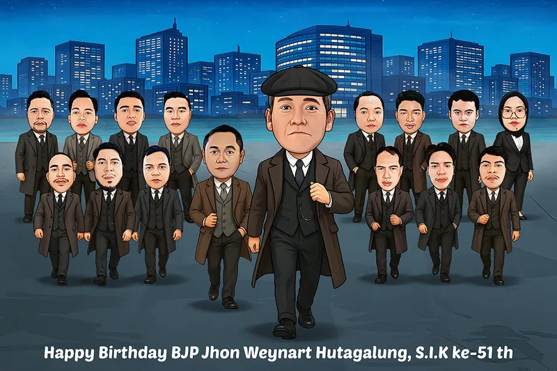 Karikatur seorang pria berdiri di bagian tengah mengenakan setelan jas gelap, mantel panjang, rompi, dasi, dan topi flat cap bergaya klasik. Di belakangnya terdapat sekelompok pria dan seorang wanita dengan busana formal bernuansa gelap yang berjalan bersama, berlatar gedung-gedung kota pada suasana malam. Di bagian bawah terdapat tulisan Happy Birthday BJP Jhon Weunart Hutagalung, S.I.K ke-51 th.