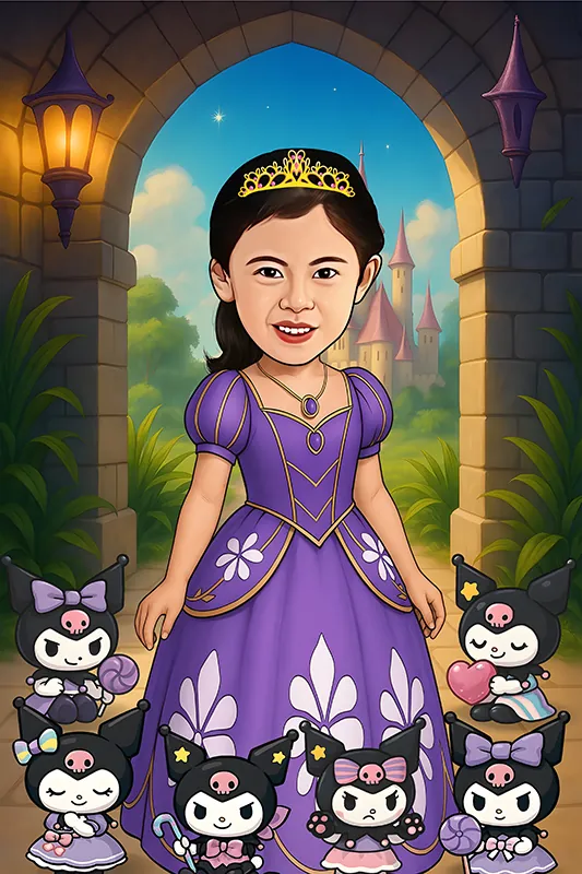 Karikatur anak perempuan mengenakan gaun ungu bergaya putri kerajaan lengkap dengan mahkota, berdiri di ambang gerbang batu dengan latar kastil dan taman hijau, dikelilingi lima boneka karakter kucing hitam berpita di sekitar kakinya.