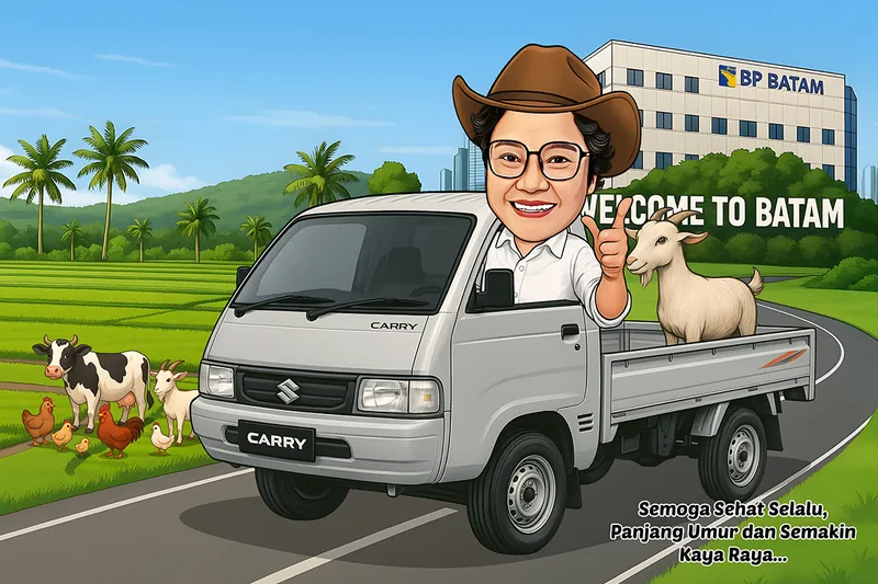 Karikatur seorang perempuan bertopi koboi cokelat dan berkacamata mengacungkan jempol dari jendela mobil pikap abu-abu, seekor kambing putih ikut menumpang di bak belakang, dengan latar sawah hijau, sapi dan ayam di pinggir jalan, serta papan selamat datang kota dan gedung instansi.