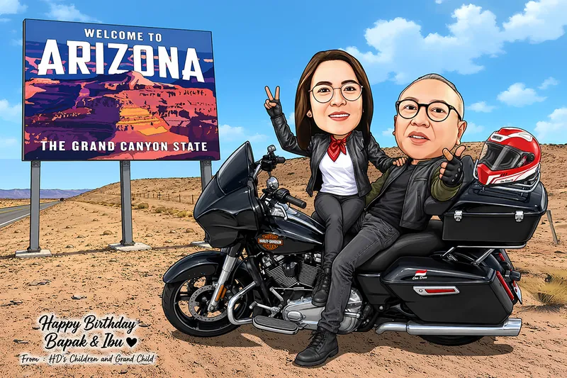 Karikatur sepasang suami istri berjaket kulit hitam duduk di atas motor besar bertouring, berlatar papan penanda perbatasan negara bagian Arizona dan hamparan gurun