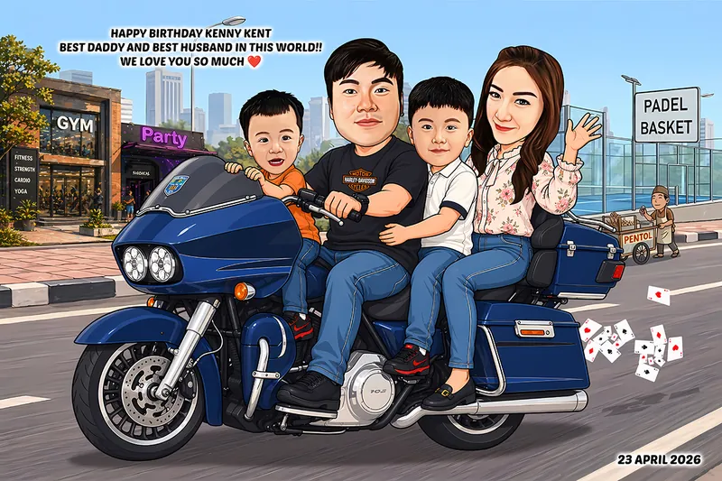 Karikatur satu keluarga berempat menaiki motor besar biru di jalan kota, ayah di depan mengemudi, dua anak laki-laki di tengah, dan ibu di belakang sambil melambai, dengan bangunan pusat kebugaran dan lapangan padel di kedua sisi