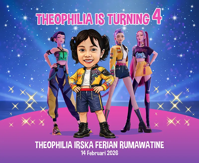 Karikatur anak perempuan balita mengenakan jaket kuning bermotif dan celana pendek gelap, berpose gagah dengan tangan di pinggang, berdiri di depan tiga sosok gadis bergaya idola pop virtual berambut warna-warni dan busana futuristik, dengan latar panggung ungu bertabur kelip bintang.