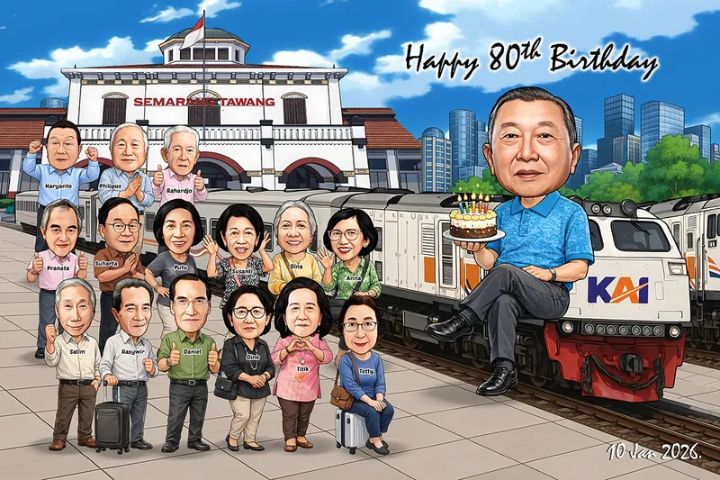Karikatur pria lanjut usia berkemeja biru duduk santai di atas lokomotif putih merah bertuliskan nama perusahaan kereta api sambil memegang kue tar bertingkat berlilin, disaksikan tiga belas rekan kerja purnawirawan yang berdiri berjejer tiga baris di depan gedung stasiun tua bergaya kolonial.