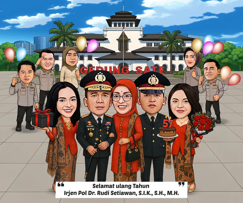 Karikatur seorang pejabat tinggi berseragam dinas lengkap berpita jasa berdiri bersama istri dan tiga anaknya, dengan lima anggota membawa balon di belakang dan gedung pemerintahan bergaya kolonial sebagai latar