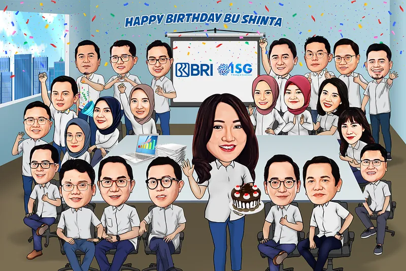 Karikatur perempuan berambut panjang berdiri di tengah ruang rapat sambil membawa kue cokelat, dikelilingi hampir dua puluh rekan kerja berkemeja putih yang duduk dan berdiri mengitari meja panjang, dengan layar proyektor bertuliskan nama bank dan divisi tata kelola teknologi informasi di tengah, serta gedung pencakar langit terlihat dari jendela.