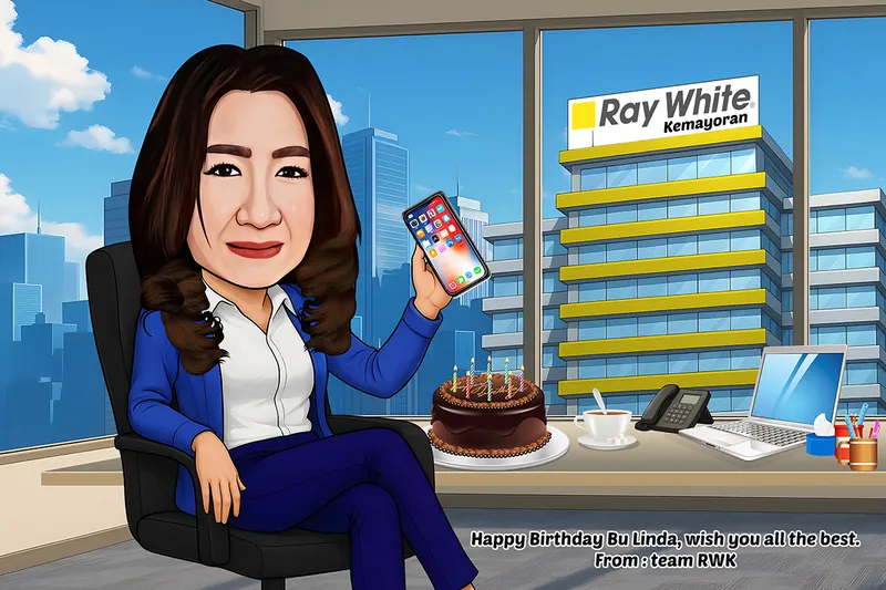 Karikatur perempuan berambut ikal panjang mengenakan blazer biru dongker duduk di kursi kantor hitam sambil memegang telepon pintar, kue tar cokelat berlilin warna-warni terletak di meja kerja bersama laptop dan telepon kantor, dengan latar gedung kantor agen properti melalui jendela kaca besar.