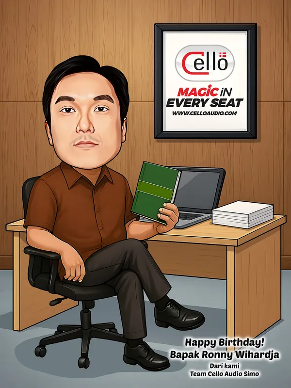 Karikatur pria berkemeja cokelat duduk santai di kursi kantor sambil memegang perangkat speaker hijau tua, laptop terbuka dan tumpukan kertas di atas meja kayu, dengan latar dinding kayu berhias poster besar bertuliskan slogan perusahaan audio.