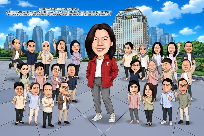 Karikatur seorang wanita berdiri sebagai tokoh utama di tengah dengan mengenakan jaket merah, celana abu-abu, dan sepatu putih. Di sekelilingnya terdapat banyak rekan kerja pria dan wanita dengan berbagai pose seperti melambaikan tangan, mengacungkan jempol, dan memberi semangat. Latar menampilkan gedung perkantoran besar bertanda AG dan kawasan kota modern. Di bagian atas terdapat ucapan ulang tahun dari Directorate Human Capital.
