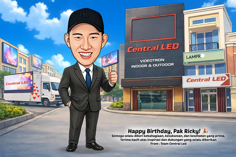 Karikatur pria berjas hitam dan topi bertuliskan merek olahraga mengacungkan jempol di depan gedung toko bertuliskan nama perusahaan videotron indoor dan outdoor, dengan truk bak terbuka bertuliskan nama perusahaan yang sama terparkir di sisi kiri jalan.