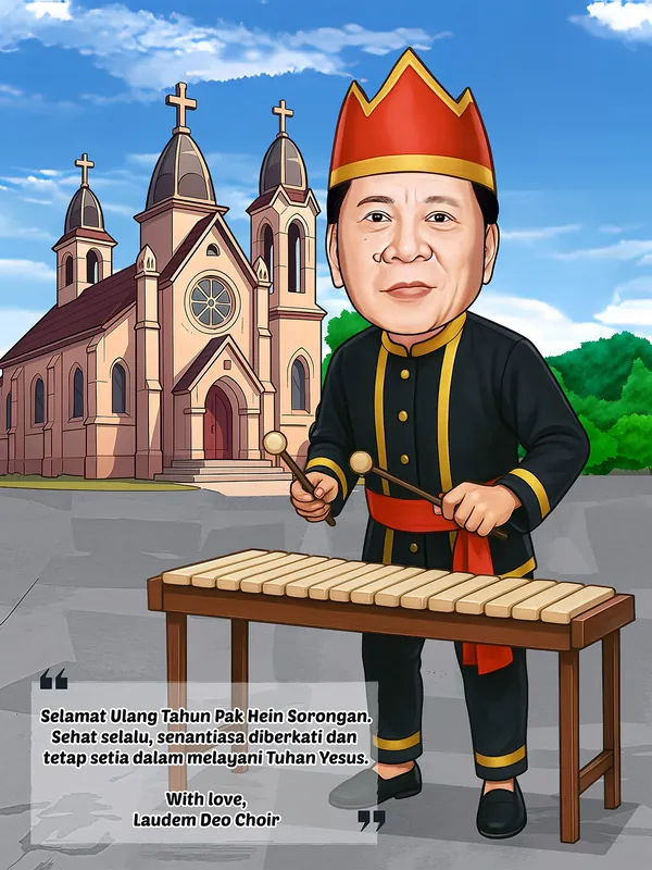 Karikatur seorang pria berbusana adat Sulawesi Utara lengkap dengan mahkota merah keemasan sedang memainkan kolintang, berlatar gedung gereja tua bermenara tiga