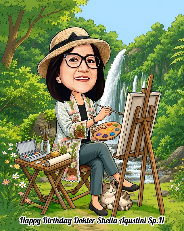 Karikatur perempuan bertopi anyaman dan berkacamata duduk di kursi lipat kayu sambil memegang kuas dan palet warna menghadap kanvas kosong, seekor kucing belang tidur meringkuk di dekat kakinya, dengan latar air terjun bertingkat dan hutan hijau lebat.