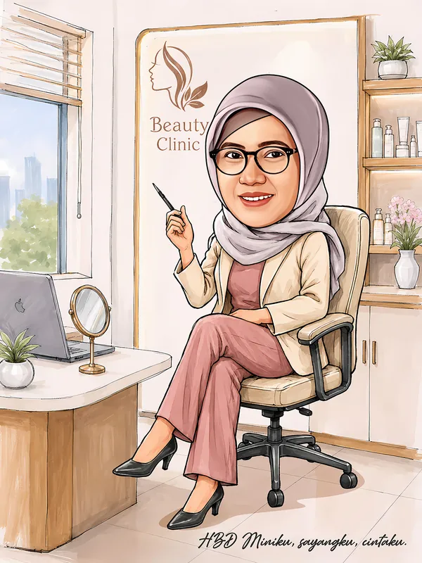 Karikatur perempuan berhijab dan berkacamata duduk di kursi kerja sambil memegang pena, mengenakan blazer krem dan celana merah muda tua, dengan latar ruang klinik kecantikan berisi rak produk perawatan kulit dan logo klinik di dinding belakang.