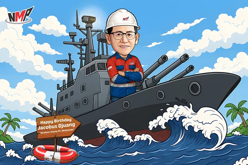 Karikatur pria berkacamata dan berhelm proyek putih berlogo perusahaan galangan kapal, mengenakan seragam kerja merah biru bersedekap tegas, berdiri di geladak kapal perang abu-abu lengkap dengan meriam kembar dan antena radar, menerjang ombak besar di lautan biru.