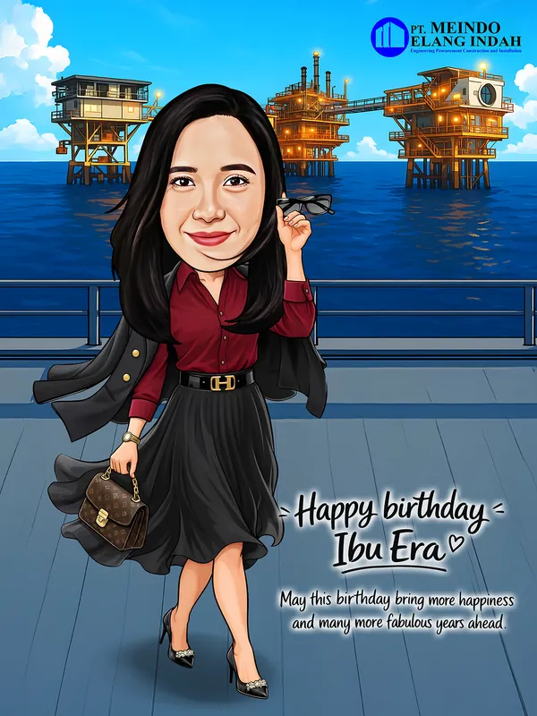 Karikatur perempuan berambut panjang hitam mengenakan blus merah marun dan rok span hitam, memegang tas tangan bermotif cokelat sambil melepas kacamata hitam, berdiri di dermaga dengan latar tiga anjungan pengeboran lepas pantai yang menyala di tengah laut.
