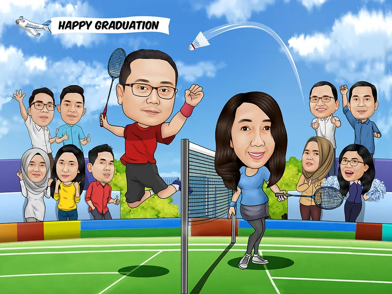 Karikatur dua wisudawan bermain bulu tangkis di lapangan indoor, yang pria melompat memukul kok dan yang perempuan bersiap di seberang net, dengan sebelas rekan bersorak di kedua sisi lapangan