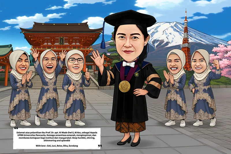 Karikatur perempuan berjubah toga hitam dengan dasi kupu-kupu putih dan medali emas besar, kain batik cokelat mengintip di bagian bawah, berdiri di tengah lima rekan kerja berbusana kebaya renda biru dongker berhijab putih yang bertepuk tangan dan mengacungkan jempol, dengan latar gerbang kuil Jepang dan Gunung Fuji bersalju.