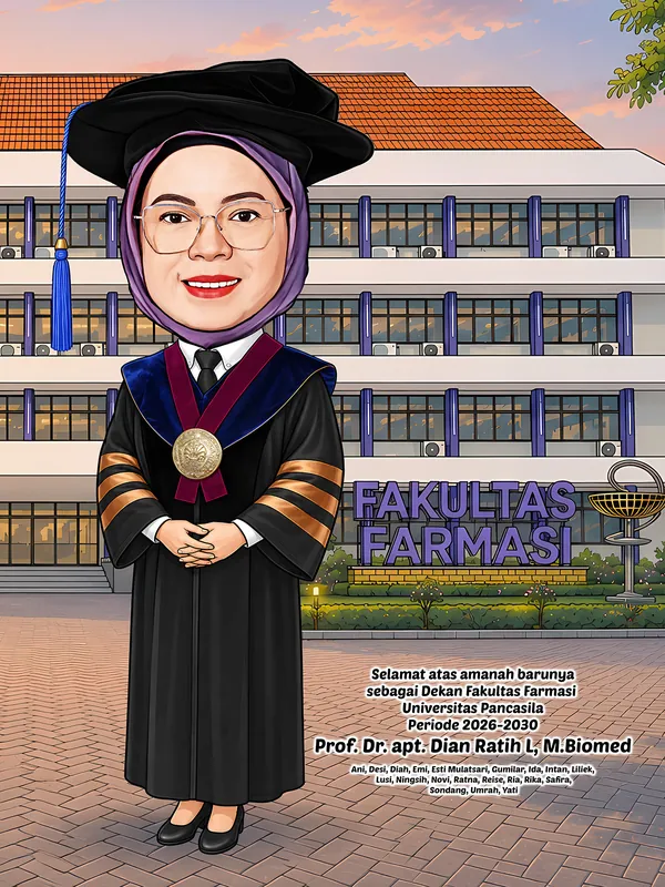 Karikatur perempuan berhijab ungu dan berkacamata mengenakan toga hitam lengkap dengan selempang biru dongker dan merah marun, medali emas besar tergantung di dada, serta topi toga berjumbai biru, berdiri tenang di depan gedung fakultas farmasi bertingkat empat saat senja.