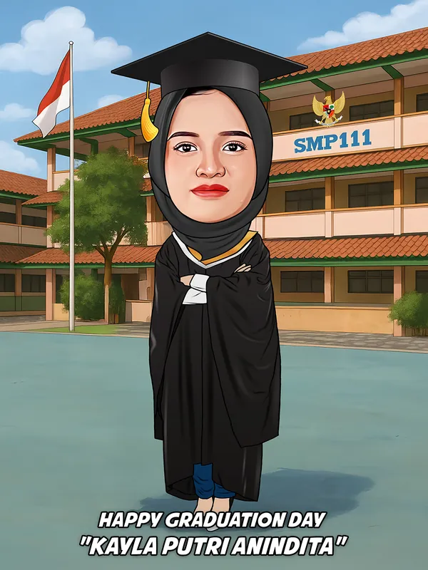 Karikatur remaja perempuan berhijab hitam mengenakan toga wisuda lengkap dengan topi bertali rumbai kuning, bersedekap sambil berdiri tegap, dengan latar gedung sekolah bertingkat tiga berlambang garuda dan bendera merah putih berkibar di tiang.