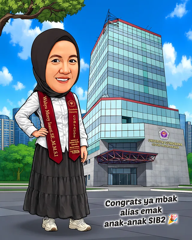 Karikatur perempuan berhijab dan berkemeja putih dengan rok panjang hitam bertingkat, mengenakan selempang wisuda merah marun bertuliskan predikat cum laude, berpose bertolak pinggang di depan gedung kampus pascasarjana bertingkat tinggi berkaca biru.