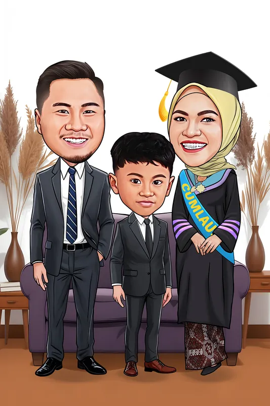 Karikatur tiga anggota keluarga, ayah berjas abu-abu bergaris dan anak laki-laki berjas serupa berdiri di kedua sisi, ibu di tengah mengenakan toga hitam dan topi wisuda berjumbai emas dengan selempang biru bertuliskan predikat cum laude, kain batik cokelat terlihat di bagian bawah gaunnya, dengan latar sofa ungu dan hiasan rumput kering di dalam vas.