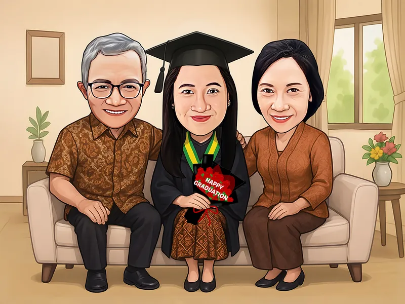 Karikatur wisudawati bertoga hitam dan berkain batik duduk di sofa krem di antara ayah dan ibunya yang berbusana batik cokelat, memangku buket bunga merah bertuliskan ucapan selamat