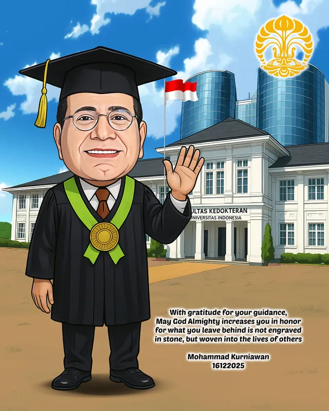 Karikatur seorang doktor bertoga hitam dengan selempang hijau dan medali bundar melambaikan tangan, berlatar gedung fakultas kedokteran bergaya kolonial dan menara kaca kampus di belakangnya