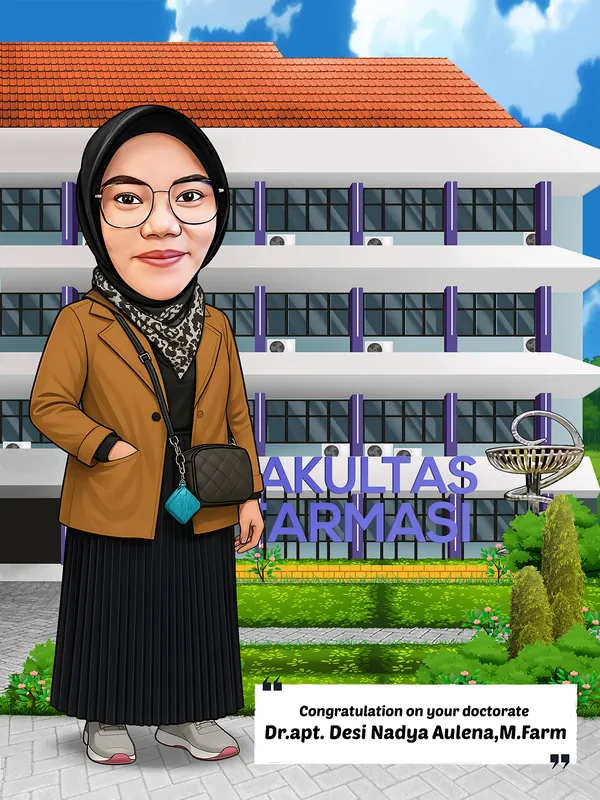 Karikatur perempuan berhijab dan berkacamata mengenakan jaket cokelat serta rok plisket hitam panjang, tas selempang kecil tergantung di bahu, berdiri santai di depan gedung fakultas farmasi bertingkat empat dengan air mancur logam di halaman.