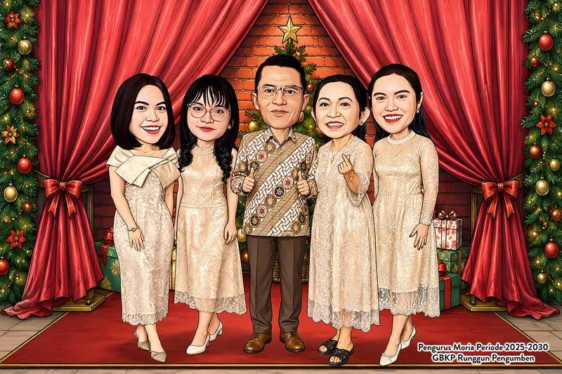 Karikatur keluarga lima orang, satu pria berkemeja batik cokelat mengacungkan dua jempol di tengah, diapit empat perempuan bergaun renda krem senada, berdiri di atas karpet merah dengan latar tirai merah dan pohon Natal berhias bintang emas di kedua sisi.