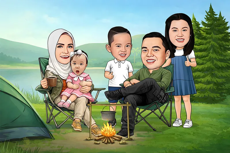Karikatur satu keluarga berkemah di tepi danau, ibu berhijab memangku bayi di kursi lipat, ayah duduk santai, seorang anak laki-laki berdiri di tengah dan seorang anak perempuan di kanan, dengan tenda hijau dan api unggun kecil