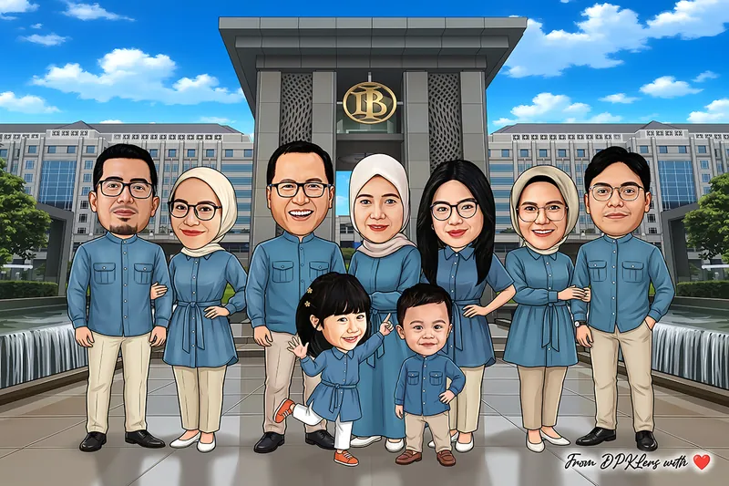 Karikatur keluarga besar yang terdiri dari beberapa pria, wanita, dan dua anak kecil berdiri bersama di depan gedung dengan logo Bank Indonesia. Seluruh anggota keluarga mengenakan pakaian bernuansa biru dan krem yang serasi. Beberapa wanita mengenakan hijab dan kacamata, sementara dua anak berada di bagian depan. Di sudut kanan bawah terdapat tulisan From DPKers with love.