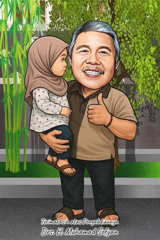 Karikatur seorang pria berkemeja cokelat menggendong cucu perempuannya yang berhijab merah muda sambil mengacungkan jempol, berdiri di halaman berumput dengan rumpun bambu di sebelah kiri