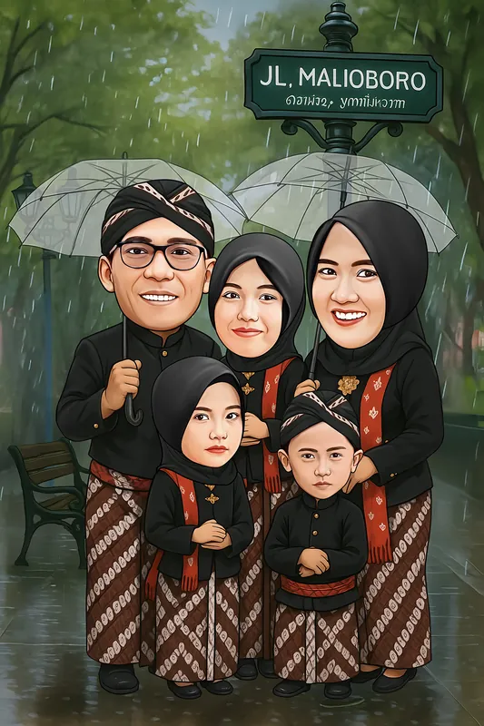 Karikatur satu keluarga berlima berbusana adat Jawa hitam berkain batik cokelat, dua orang dewasa memegang payung bening, berdiri di bawah hujan di depan papan nama jalan Malioboro