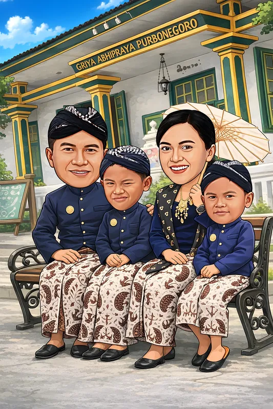 Karikatur keluarga empat orang mengenakan busana Jawa navy dengan kain batik motif parang cokelat krem, ayah dan dua putra berblangkon serupa duduk berjajar di bangku besi, ibu di tengah memegang payung kertas krem sambil mengenakan kalung emas bertingkat, dengan latar rumah joglo beratap hijau berpilar kuning emas.