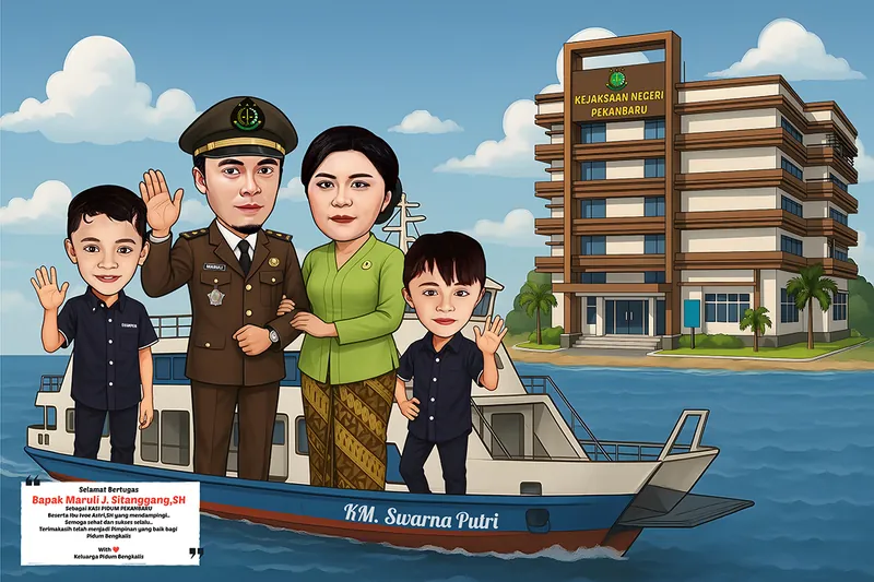 Karikatur keluarga berempat berdiri di atas kapal, ayah berseragam cokelat kejaksaan lengkap dengan topi pet berlambang timbangan hukum, ibu berkebaya hijau dan kain songket cokelat keemasan, diapit dua putra berkemeja gelap, dengan latar gedung kantor kejaksaan negeri bertingkat tujuh di seberang laut.