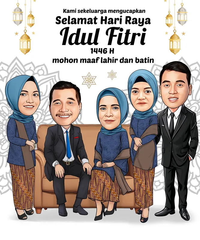Karikatur lima anggota keluarga besar mengenakan busana biru dongker senada dengan kain batik cokelat, tiga perempuan duduk dan berdiri berjejer, diapit dua pria berjas hitam, dengan latar pola mandala abu-abu dan lampion emas tergantung di kedua sudut atas.