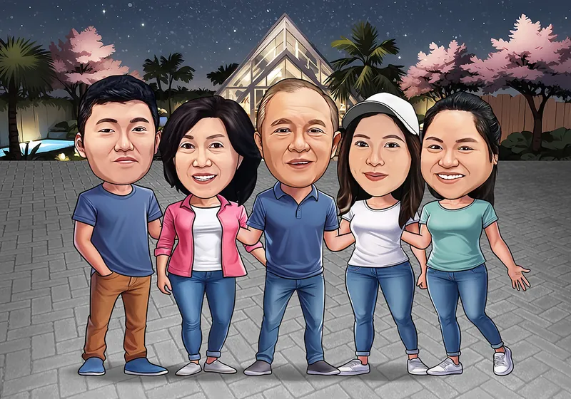 Karikatur keluarga lima orang berkaus kasual berdiri berjajar saling merangkul pinggang, dikelilingi pepohonan sakura merah muda di kedua sisi, dengan latar rumah kaca berbentuk piramida menyala dan langit malam bertabur bintang.