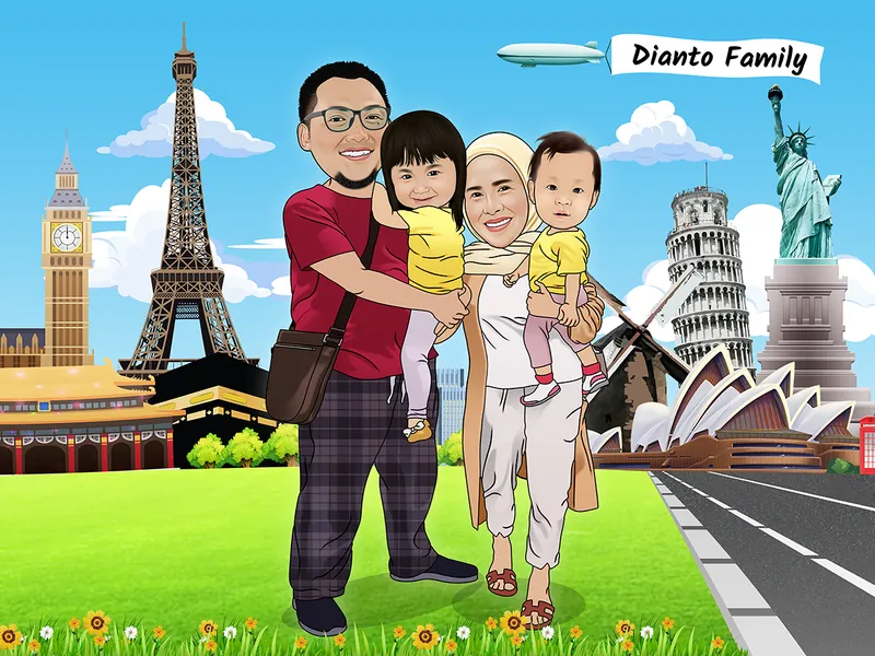 Karikatur pasangan menggendong dua balita berbaju kuning senada, berdiri di rumput dengan menara Eiffel, Big Ben, Kabah, menara Pisa, kincir angin, gedung opera Sydney, dan patung Liberty berjajar mengelilingi mereka