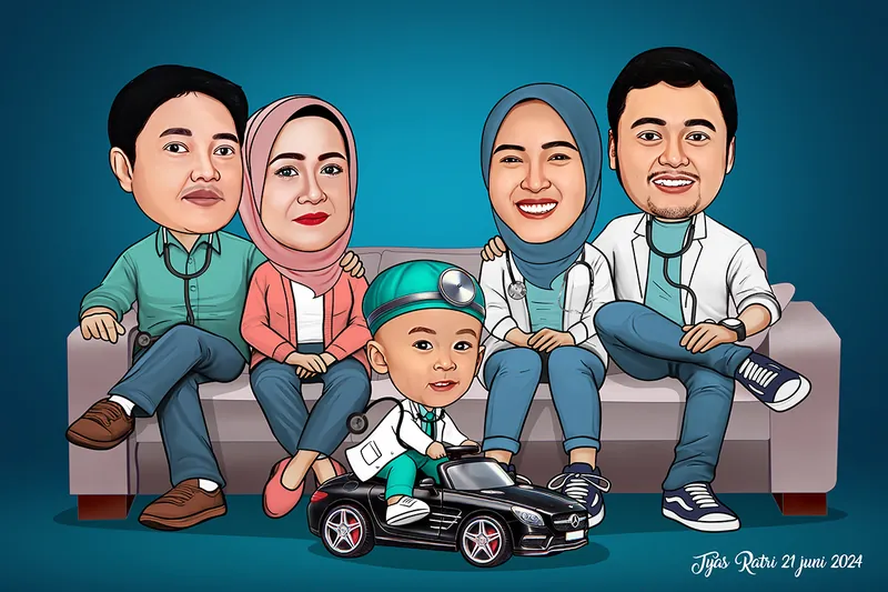 Karikatur lima anggota keluarga duduk berjejer di sofa abu-abu, empat orang dewasa mengenakan seragam medis lengkap dengan stetoskop melingkar di leher, seorang anak balita berkostum dokter mini duduk di depan mengendarai mobil mainan hitam bermerek mewah.