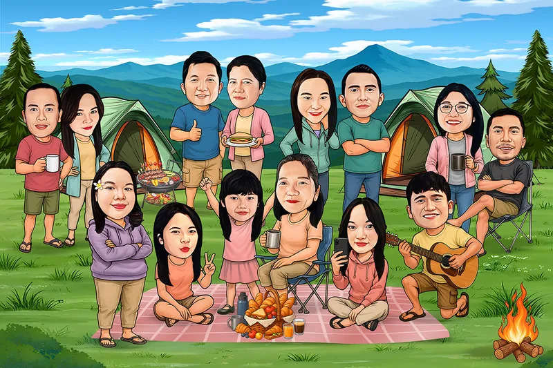 Karikatur keluarga besar berjumlah tiga belas orang berkumpul di area perkemahan pegunungan, sebagian duduk lesehan di atas tikar piknik dikelilingi keranjang roti dan buah, satu orang memetik gitar, dua tenda hijau dan api unggun kecil melengkapi latar pegunungan berkabut.