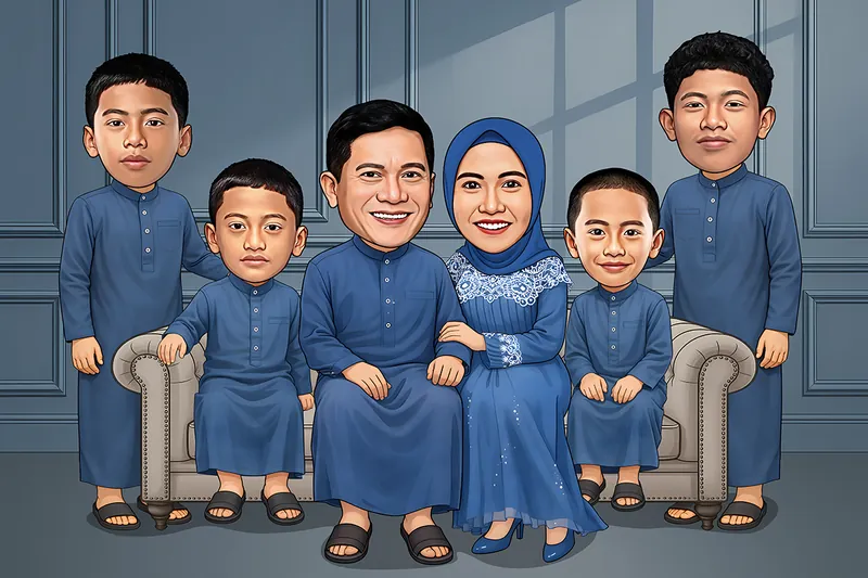 Karikatur keluarga enam orang mengenakan busana muslim biru dongker serasi, ayah dan ibu duduk di tengah sofa berbahan beludru krem, diapit empat putra berbusana koko sama yang berdiri dan duduk di kedua sisi, dengan latar dinding berpanel biru keabuan bergaya klasik.